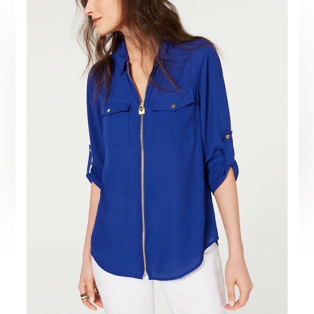 NEW MICHAEL Michael Kors Front Zip Blue Gold Shirt Large L